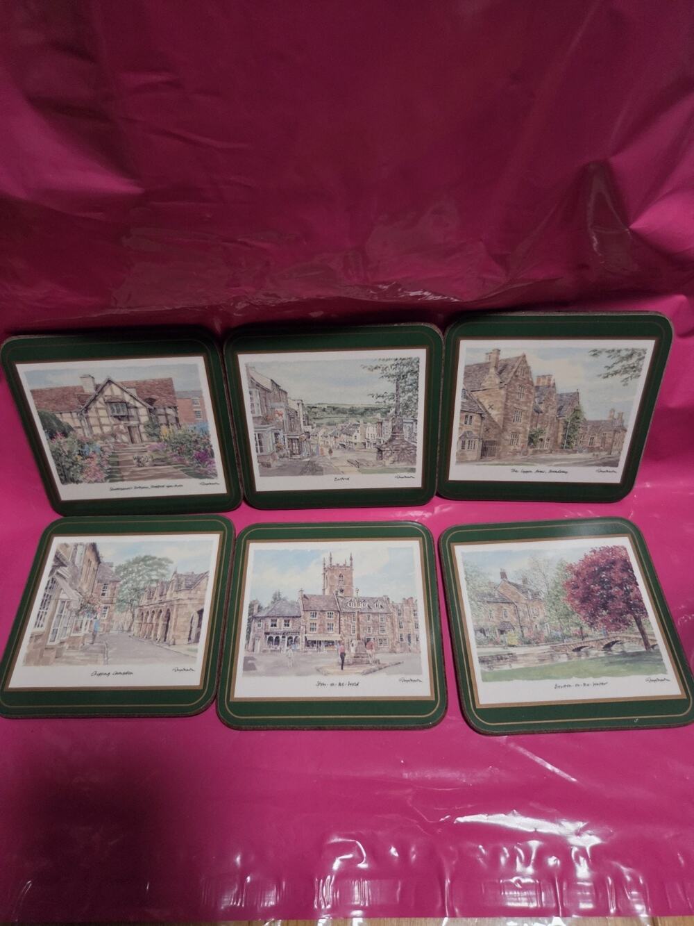 Vtg Pimpernel Set Of 8 "English Villages" Cork Backed Coasters